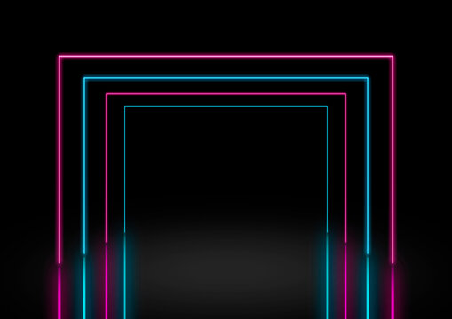 An empty stage backdrop with square pink and blue neon light tunnel reflecting on the floor