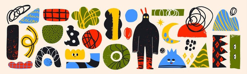 Wall Mural - big set of hand drawn various colorful shapes, doodle objects and creatures. different textures. abs