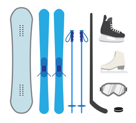 Wall Mural - Vector set bundle of flat colored winter sport equipment isolated on white background