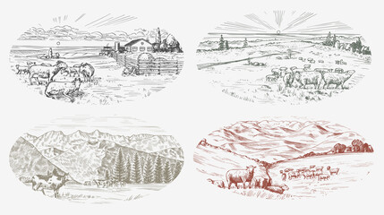 Poster - Rural meadow set. A village landscape with sheep, hills and a farm. Sunny scenic country view. Hand drawn engraved sketch. Vintage rustic banner for wooden sign or badge or label.