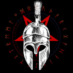 T-shirt vector design of a corinthian helmet over an inverted star and runic characters isolated on black. Poster