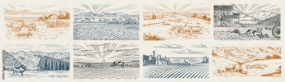 Rural meadow set. A village landscape with cows, goats and lamb, hills ...