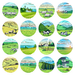 Poster - Rural meadow stickers. A village landscape with cows, goats and lamb, hills and a farm. Sunny scenic country view. Hand drawn engraved sketch. Vintage rustic logo for wooden sign or badge or label.
