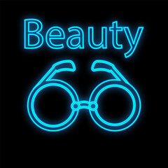 Poster - sunglasses with SPF to protect the eyes and cheeks from ultraviolet radiation. blue neon trendy glasses on a black background in steampunk style. unique design to create an individual style.