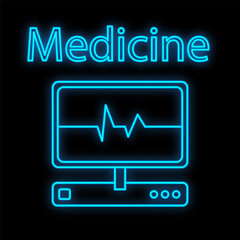 Wall Mural - Bright luminous blue medical medical scientific digital neon sign for pharmacy store or hospital laboratory beautiful shiny monitors with pulse cardiogram on a black background illustration