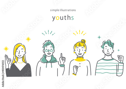 Multiramy 男女４人セット 笑顔 シンプルでお洒落な線画イラスト