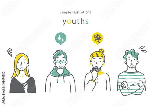 Fototapety 男女4人セット 笑顔 シンプルでお洒落な線画イラスト Fototapety 男女4人セット 笑顔 シンプルでお洒落な線画イラスト