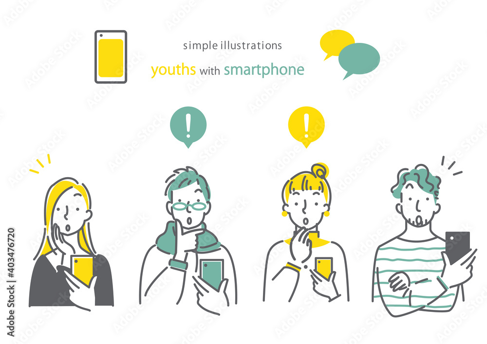 スマホを持っている人 ひらめき 男女4人セット シンプルでお洒落な線画イラスト Fototapety スマホを持っている人 ひらめき 男女4人セット シンプルでお洒落な線画イラスト Fototapety