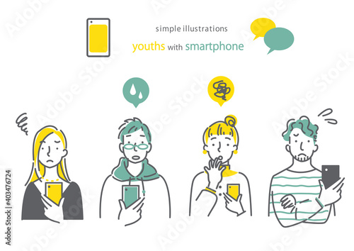 Plexi スマホを持っている人 笑顔 男女4人セット シンプルでお洒落な線画イラスト Plexi スマホを持っている人 笑顔 男女4人セット シンプルでお洒落な線画イラスト