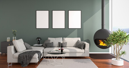 Wall Mural - Modern loft style apartment with a stylish fireplace looking out to a beach through large floor-to-ceiling windows. Three picture frame mockups on the wall. 3d render