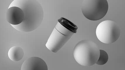 Poster - Abstract 3d render with coffee cup and spheres. Simple composition with light and shadow.