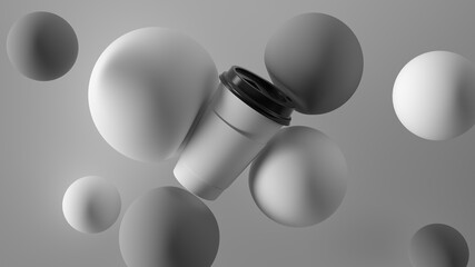 Poster - Monochrome abstract 3d render with coffee cup and spheres. Simple composition with light and shadow.
