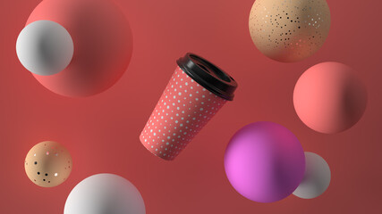 Poster - colorful abstract 3d render with coffee cup and spheres. simple composition with light and shadow.
