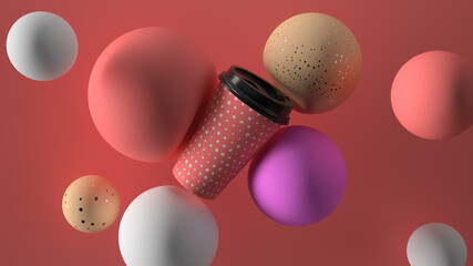 Poster - Colorful abstract 3d render with coffee cup and spheres. Simple composition with light and shadow.