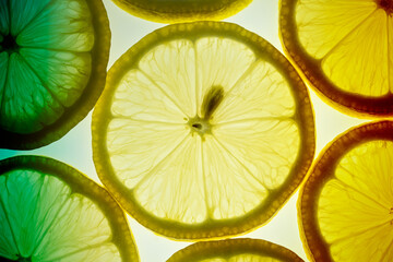 Top view Transparent Yellow Lemons slices closeup, Close up fresh Lemons Fruit  sliced on white background.