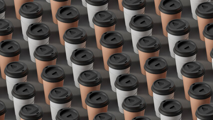 Poster - Two colored coffee cups background. 3d abstract render with bright light and shadows. Coffee cups pattern.