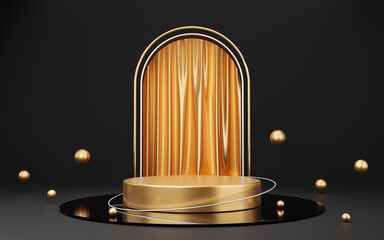 Empty gold cylinder podium ball and white circle on black arch and curtain background. Abstract minimal studio 3d geometric shape object. Mockup space for display of product design. 3d rendering.