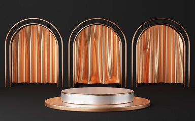 Wall Mural - Empty white cylinder podium with copper border on 3 black arch and gold curtain background. Abstract minimal studio 3d geometric shape object. Mockup space for display of product design. 3d rendering.