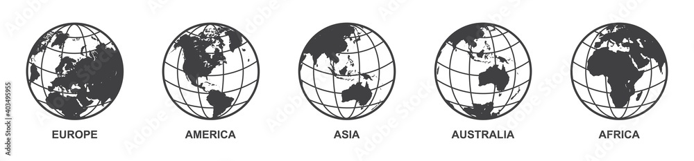 set of Earth globe icon with 5 hemispheres continents Europe America Asia Australia Africa. world map in globe shape isolated on white background. vector illustration - obrazy, fototapety, plakaty 