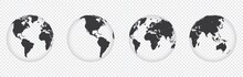 Set Of  Transparent Earth Globe Icon With 4 Hemispheres Continents. World Map In Globe Shape Isolated On Transparent Background. Vector Illustration