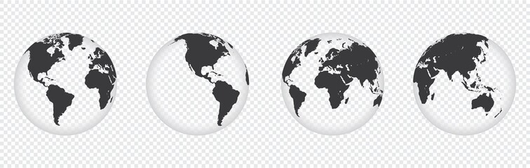 Wall Mural - set of  transparent Earth globe icon with 4 hemispheres continents. world map in globe shape isolated on transparent background. vector illustration