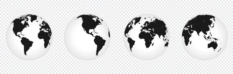 set of earth globe icon with 4 hemispheres continents. world map in globe shape isolated on transpar