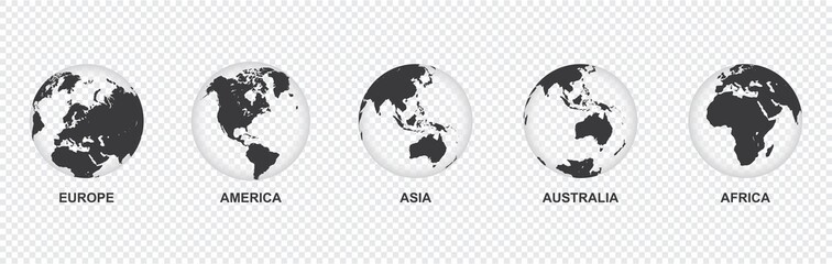 set of transparent earth globe icon with 5 hemispheres continents europe america asia australia afri