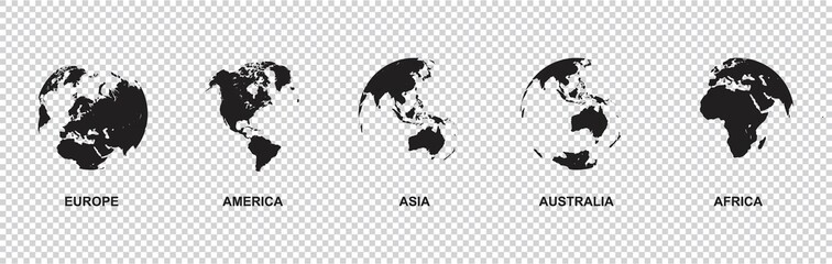 Wall Mural - set of earth globe icon with 5 hemispheres continents europe america asia australia africa. world ma