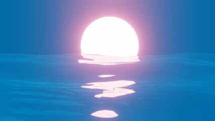 Blue ocean with rising sun 3d abstract illustration. Morning pink glow of bright white star plunging into sea.