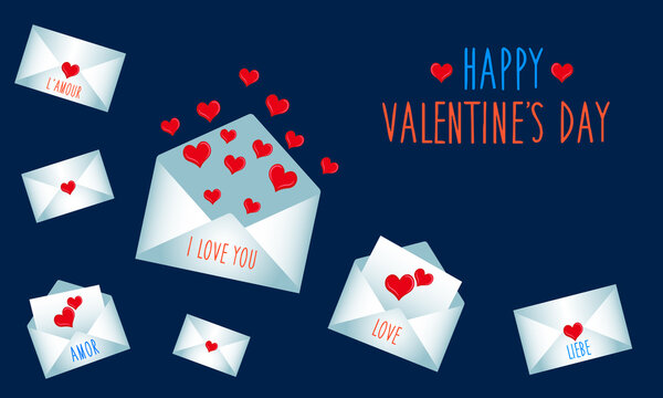 Vector design - Happy Valentine's Day.
Romantic messages in envelopes with hearts and words of love in different languages.