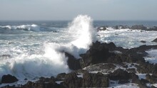 Rocky Beach Landscape With Huge Waves Crashing Into Coast Slow Motion
