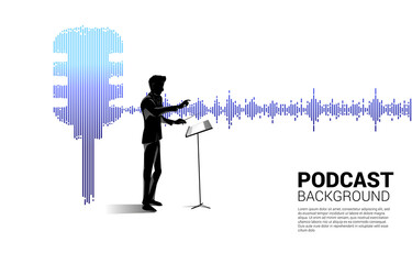 Poster - Vector silhouette of conductor with Sound wave microphone icon Equalizer background.Concept of Podcast and karaoke graphic theme
