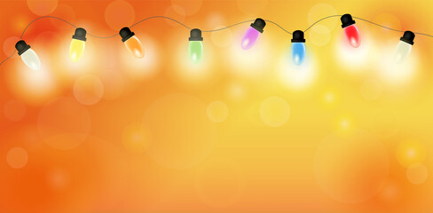 Leuchtende bunte Lichterkette mit Bokeh und gelb-orangem Hintergrund, Banner mit Lichterkette,
Vektor Illustration isoliert auf weißem Hintergrund
