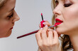 © Miramiska - Stylist paints lips of woman with red lipstick. Lip makeup close up. Professional makeup for a girl in salon. Model at the photosession.