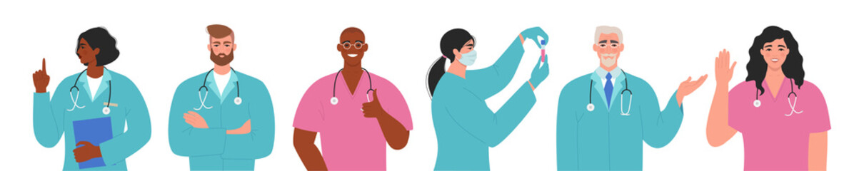 Wall Mural - team of doctors and nurses. professional healthcare workers set. international group of male and fem