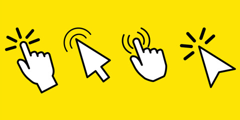Poster - Flat button with cursors on yellow background. Pointer icon. Cursor sign. Hand cursor icon. Click arrow. Stock illustration. EPS 10.