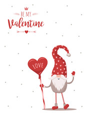 Wall Mural - Retro Valentines card with gnome. Greeting background. Scandinavian cute elf in red hat with candy. Vector illustration in flat style. Nordic design for poster, flyer, gift tags and postcards.