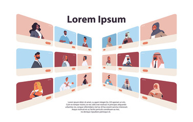 Poster - arabic people in web browser windows chatting and discussing during video call virtual conference online communication concept horizontal portrait copy space vector illustration