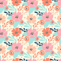 Wall Mural - cute seamless pattern with hand drawn floral ornaments in pastel colors for print on fabric, clothing, wrapping paper, wallpaper. for women's day, valentine's day, for wedding