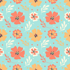 Wall Mural - cute seamless pattern with hand drawn floral ornaments in pastel colors on a blue background. for print on fabric, clothing, wrapping paper, wallpaper. for women's day, valentine's day, for wedding