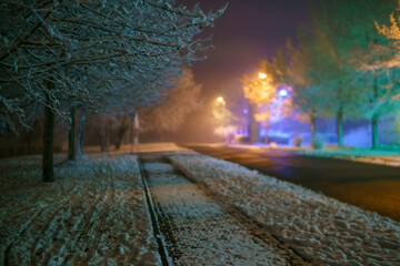 Canvas Print - Night city street in winter snowy weather