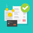© vladwel - Payment transaction success approved check mark notice on receipt bill invoice via credit bank card vector flat cartoon icon, completed money transfer, valid verified checkmark on successful paid
