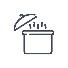 Poster - boiling pot with lid line icon. cooking pot with boiling water and open lid vector outline sign.