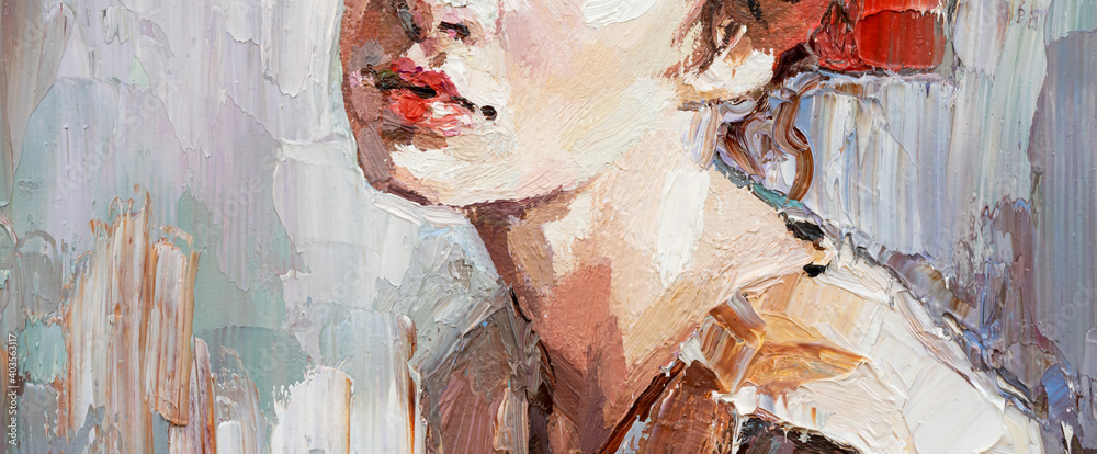 .Fragment of a portrait of a young beautiful girl with red lips. Oil painting on canvas. - obrazy, fototapety, plakaty 