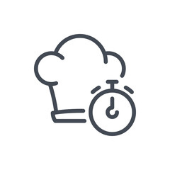Poster - Cooking time line icon. Chef hat with timer vector outline sign.