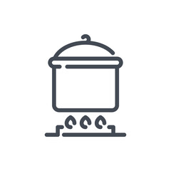 Poster - Pot on fire line icon. Kitchen pot on gas stove vector outline sign.