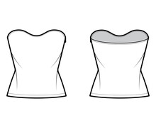 Top Crop Strapless Scoop Neckline Technical Fashion Illustration With Slim Fit, Waist Length. Flat Apparel Shirt Outwear Template Front, Back, White Color. Women Men Unisex CAD Mockup