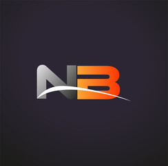 initial letter NB logotype company name colored grey and orange swoosh design. isolated on black background.