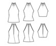 Set of Tops banded high neck halter tank technical fashion illustration with wrap, slim, oversized fit, crop, tunic length. Flat apparel outwear template front, back, white color. Women men CAD mockup