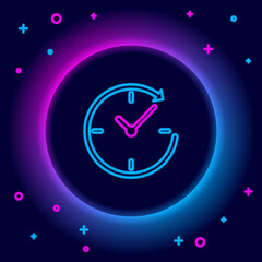 Canvas Print - Glowing neon line Clock with arrow icon isolated on black background. Time symbol. Clockwise rotation icon arrow and time. Colorful outline concept. Vector.